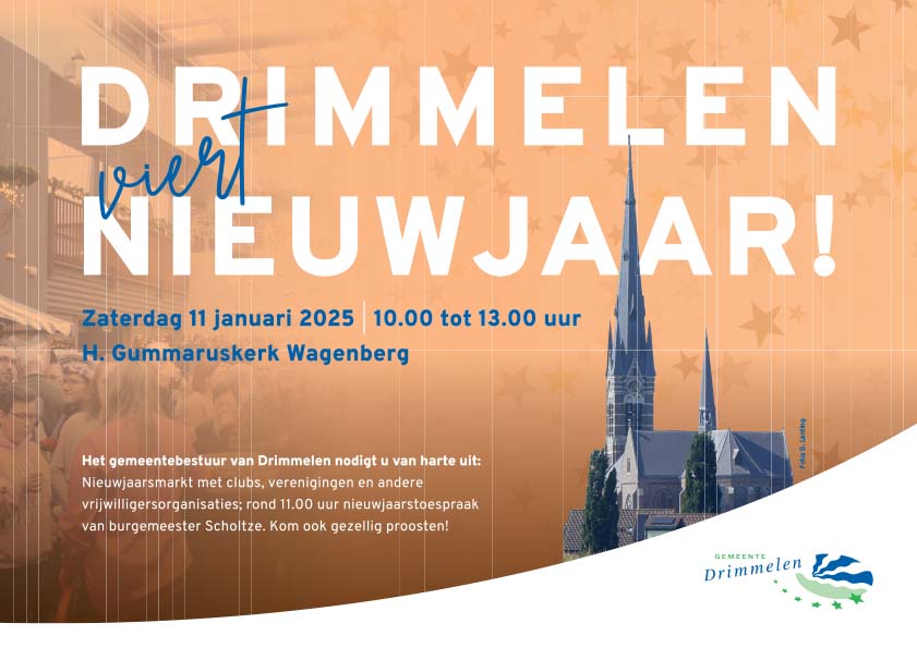 Uitnodiging voor Drimmelen viert Nieuwjaar op zaterdag 11 januari, van 10.00 uur tot 13.00 uur in de Gummaruskerk, Wagenberg