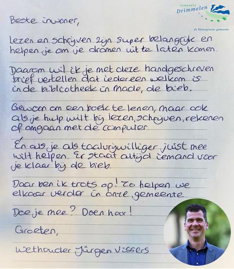 Handgeschreven brief door wethouder Jürgen Vissers over het belang van lezen en schrijven voor iedereen