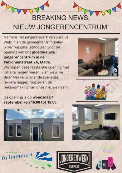 Flyer opening jongerencentrum Made (tekst is gelijk aan tekst op pagina zelf)