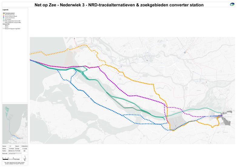 Net op zee - Nederwiek 3 NRD-tracé alternatieven en zoekgebieden converterstation